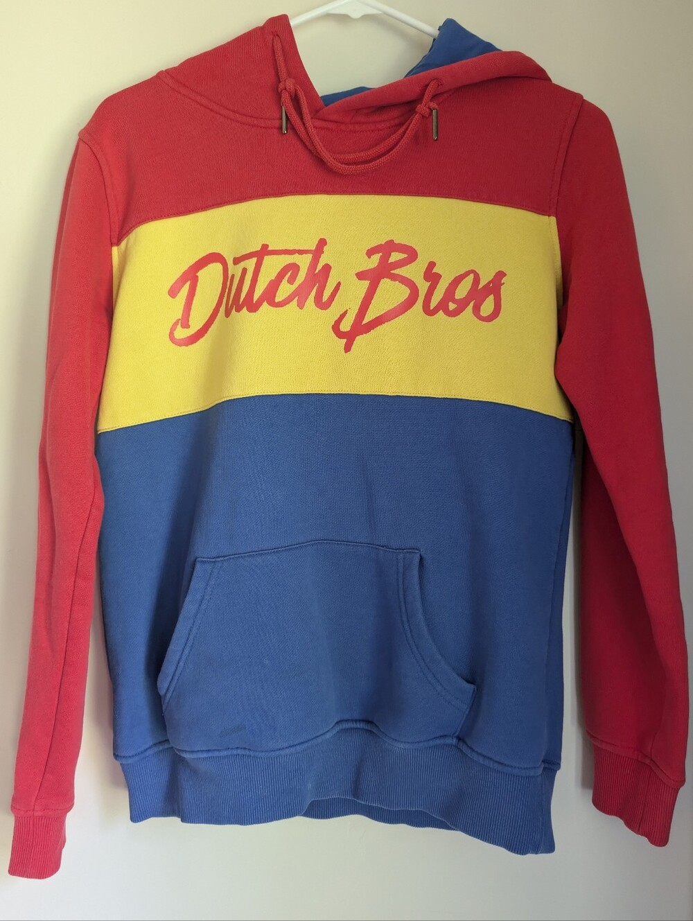 Dutch Bros Tri-Block Pullover Hoodie - Red, Yellow, Blue, Medium